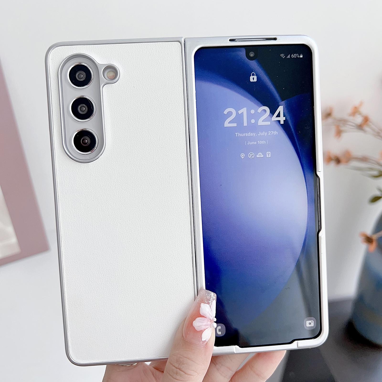 For Samsung Galaxy Z Fold4 5G Shiny Leather Phone Case With Metallic Finish - White 14
