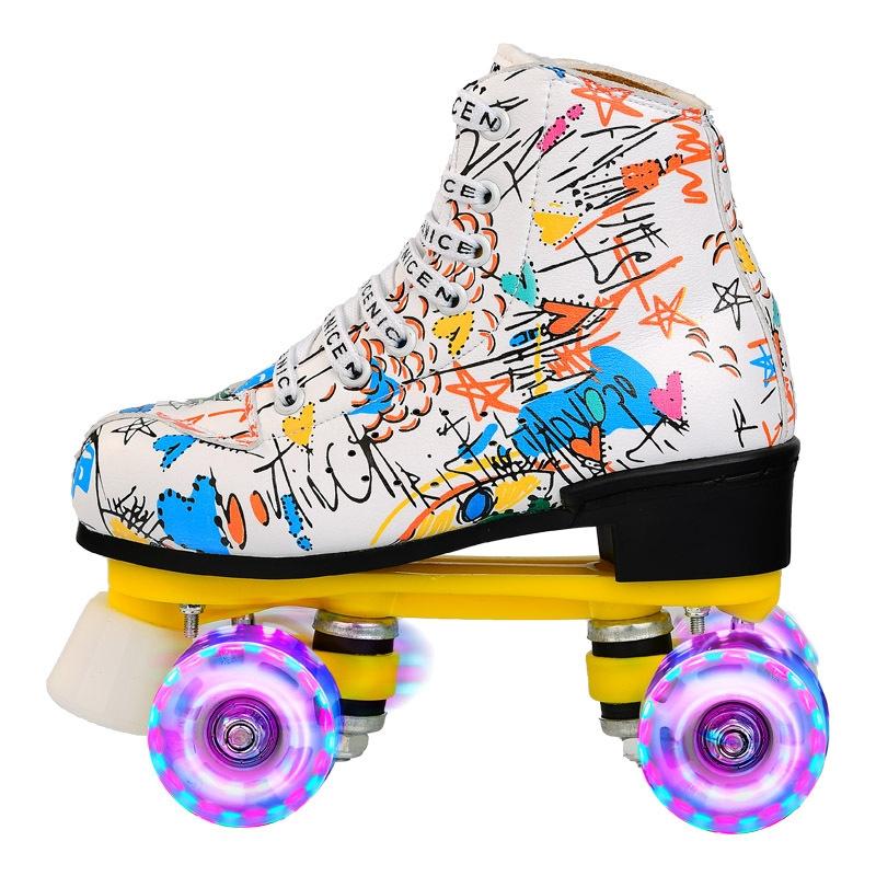 Double Row Four-wheel Roller Skating Shoes for Adult Children - Size 35 - Flash Wheel Black