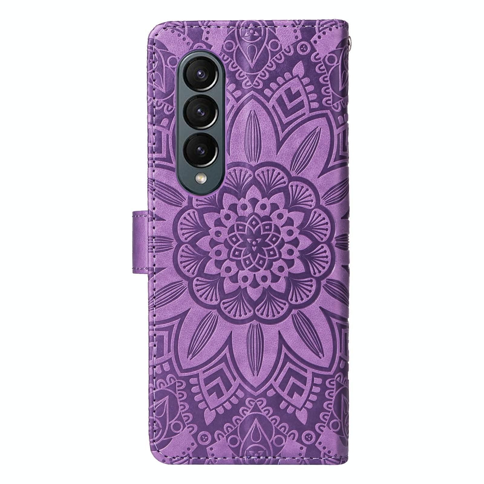 For Samsung Galaxy Z Fold4 5G Sunflower Embossed Leather Phone Case - Blue 9