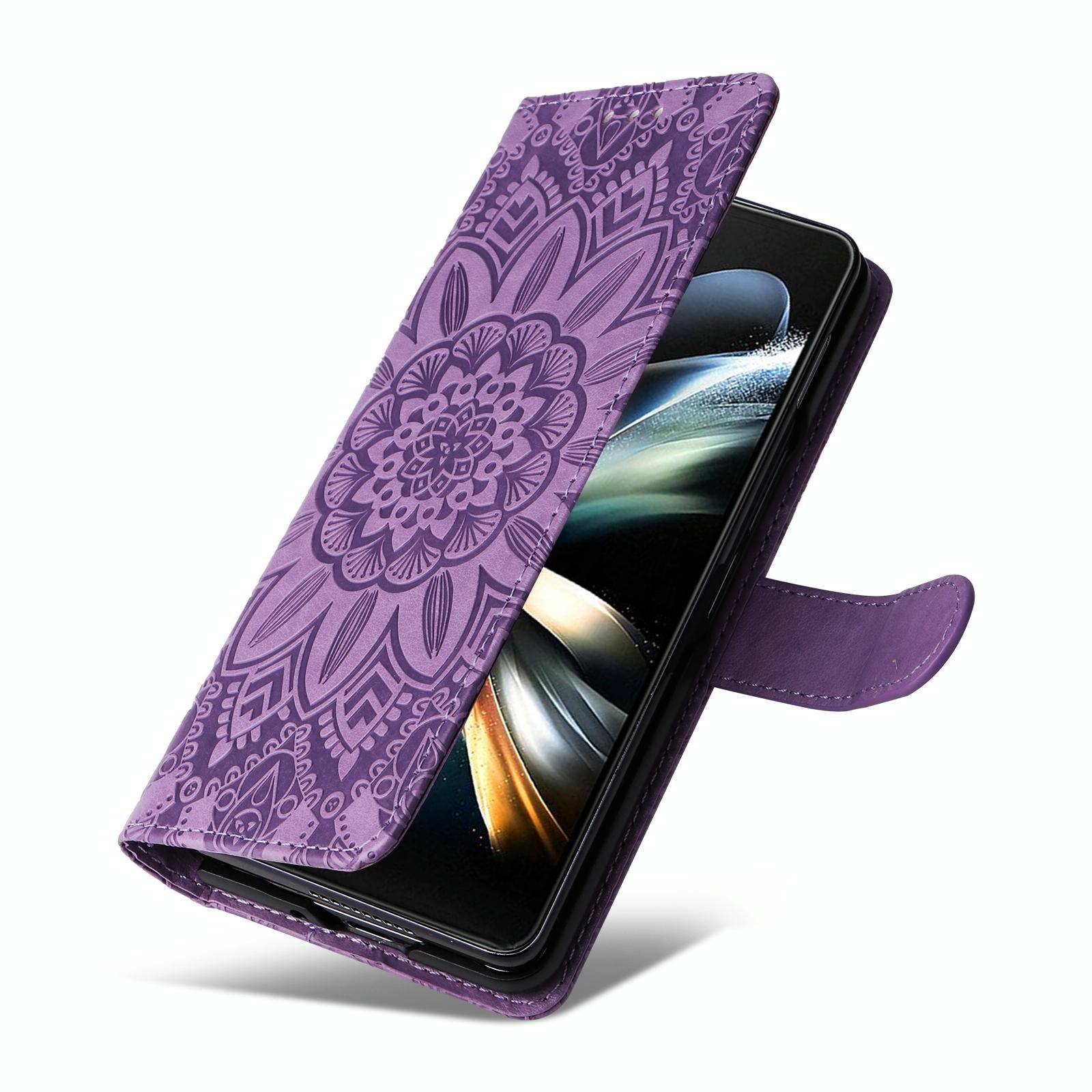 For Samsung Galaxy Z Fold4 5G Sunflower Embossed Leather Phone Case - Blue 12