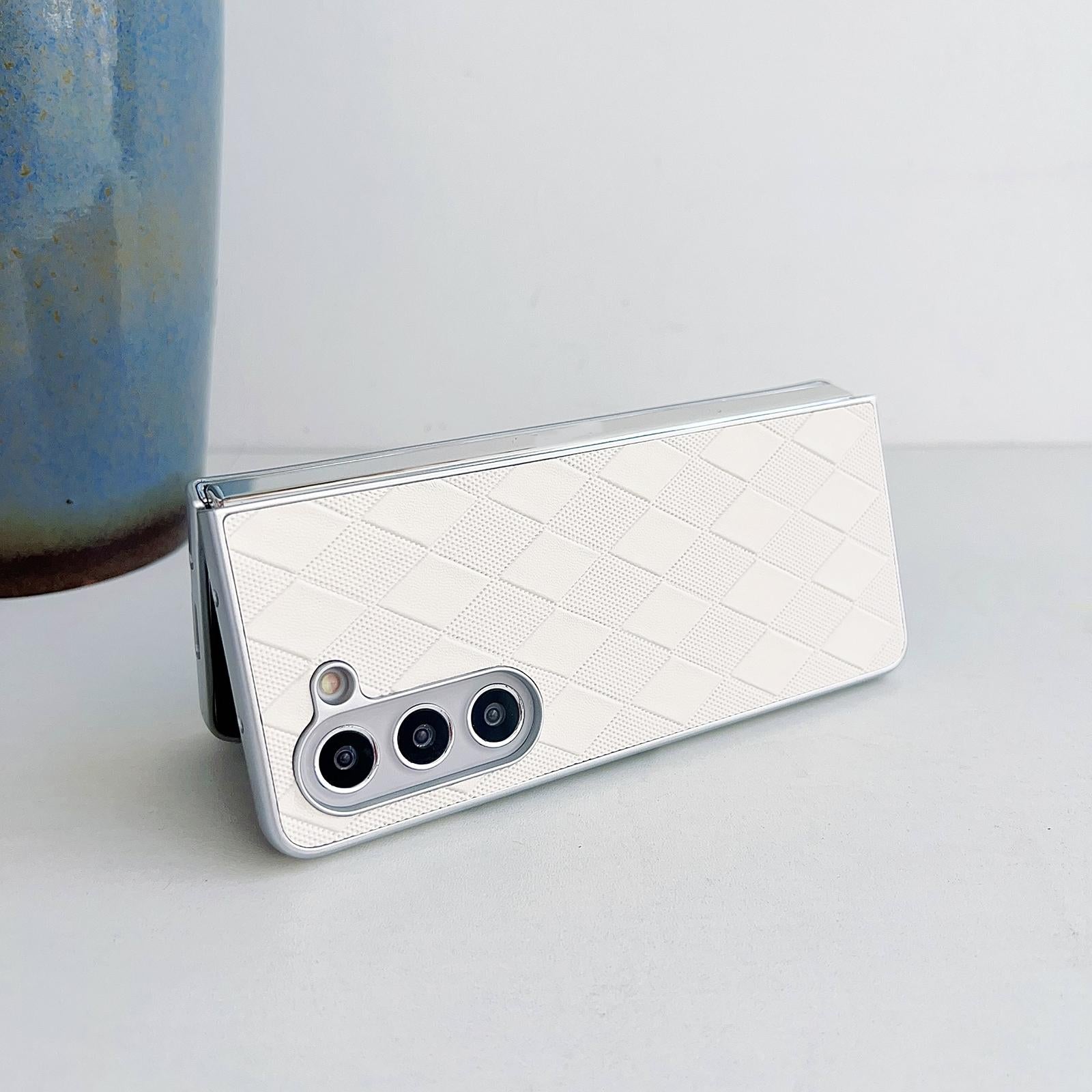 For Samsung Galaxy Z Fold4 5G Checkered Leather Phone Case With Pearlescent Finish - Silver 6