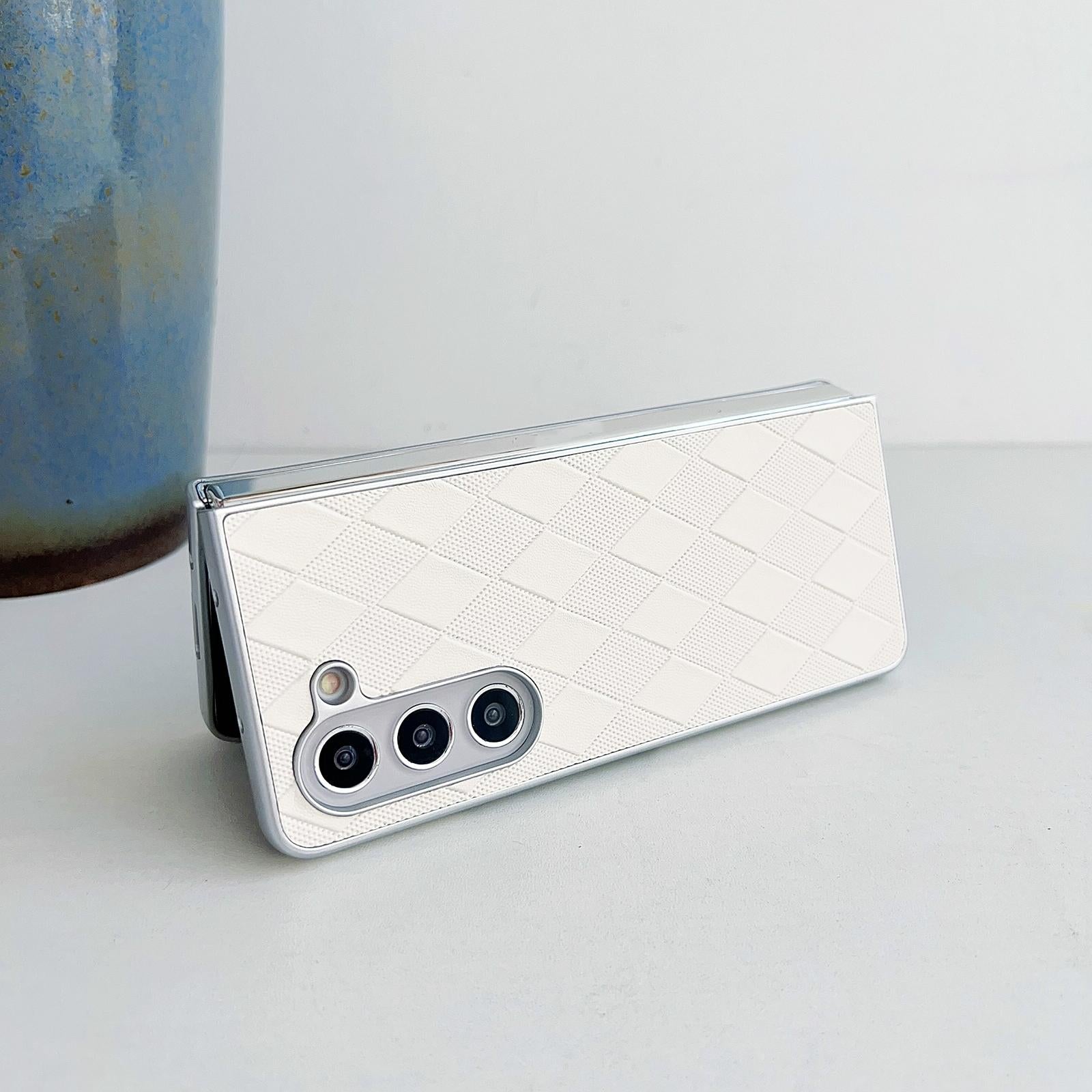For Samsung Galaxy Z Fold4 5G Checkered Leather Phone Case With Pearlescent Finish - Silver 12