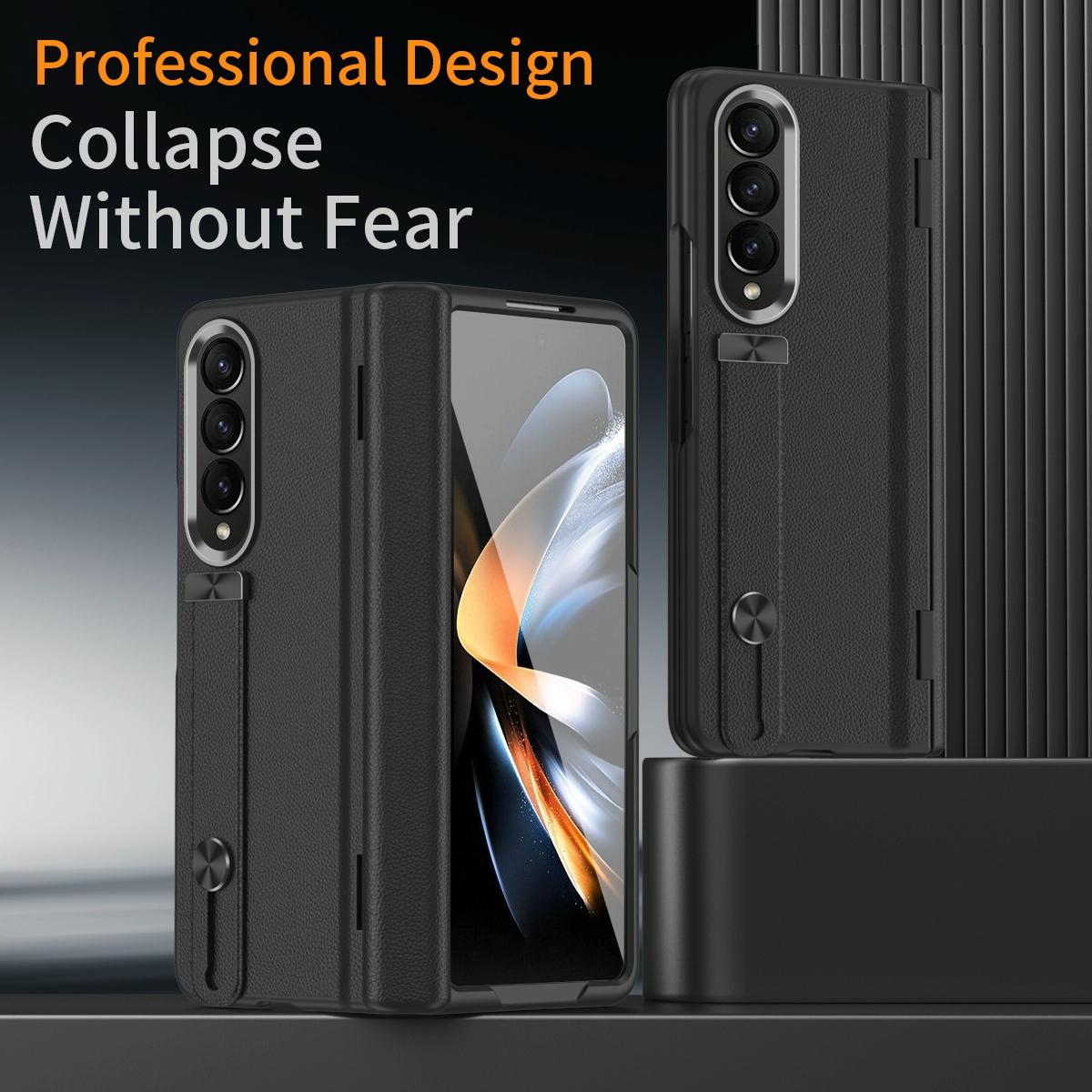 For Samsung Galaxy Z Fold4 5G Leather Wristband Phone Case - Black 10