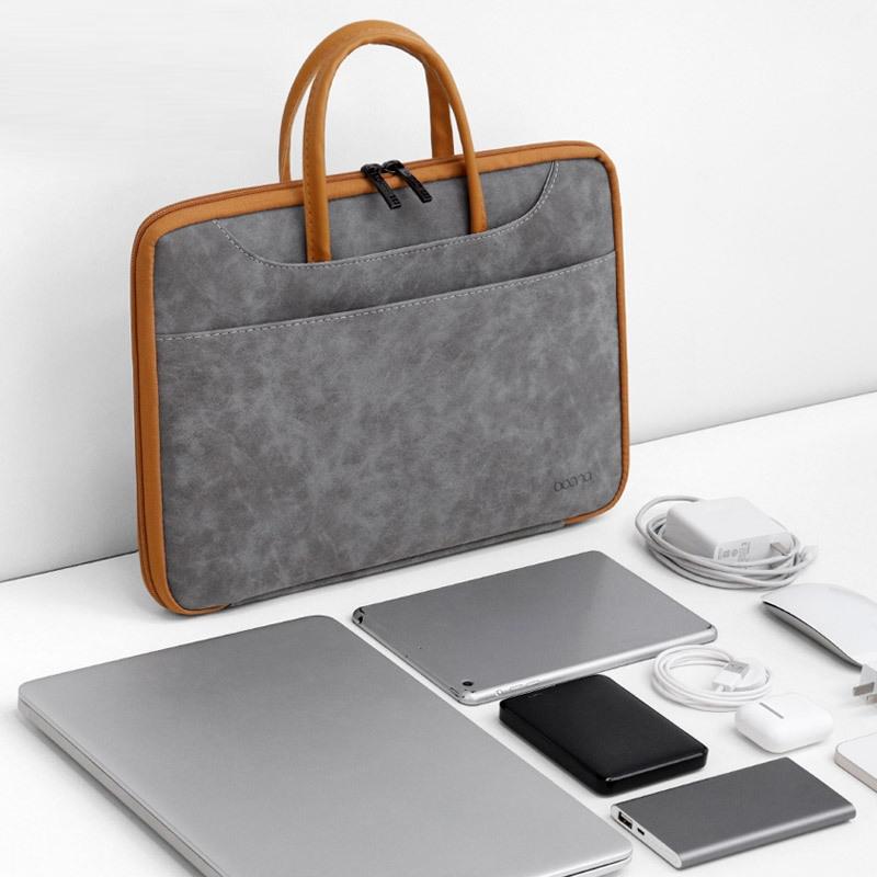 14-inch Waterproof Leather Computer Bag - Fully Open & Portable - Gray Black 7