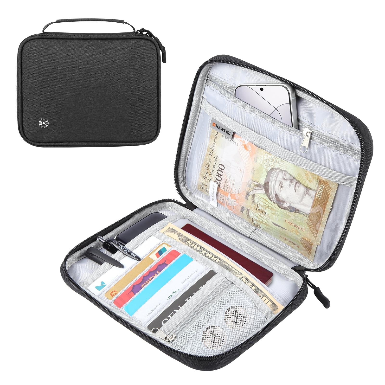 Passport Wallet With Handle Document Organizer & Card Holder - Black 4