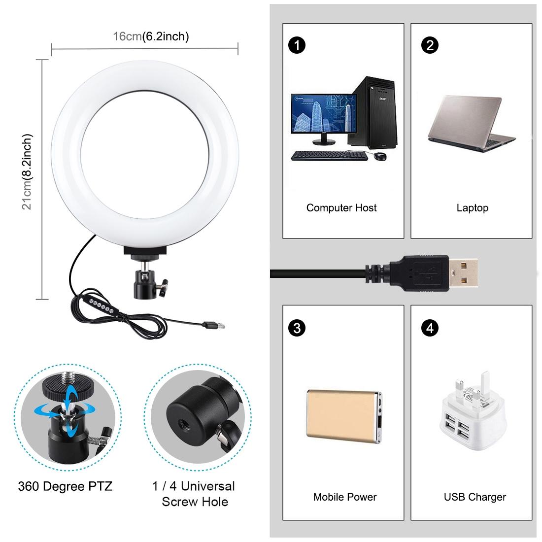 10 Mode Usb Led Ring Light with Tripod and Ball Head - 6.2 Inch Diameter - Black 6