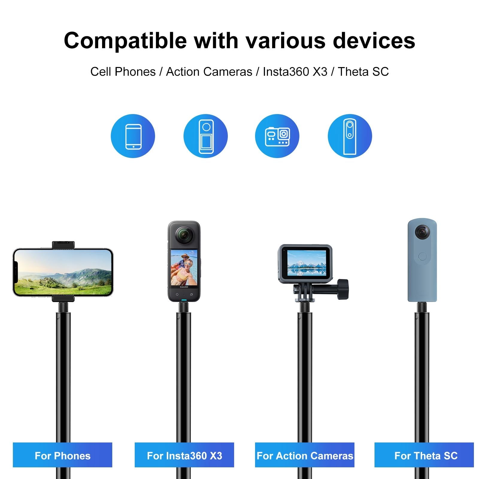 3m Metal Selfie Stick for Insta360 one Rs X2-x4 4