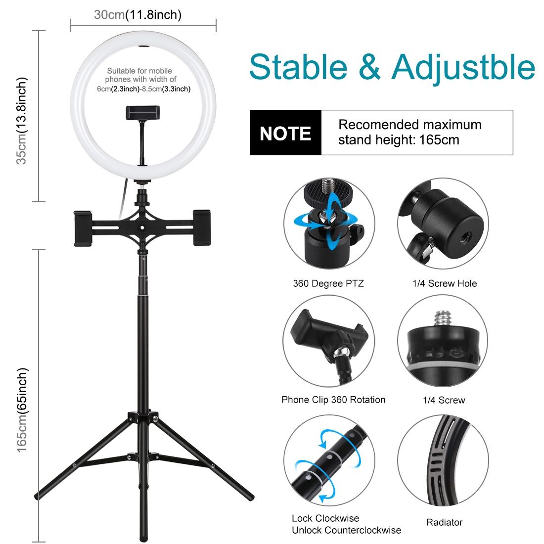 11.8 Led Ring Light Kit with Tripod & Dual Phone Bracket - 3 Modes Dual Colour Temperature Usb Live Broadcast - Black 6