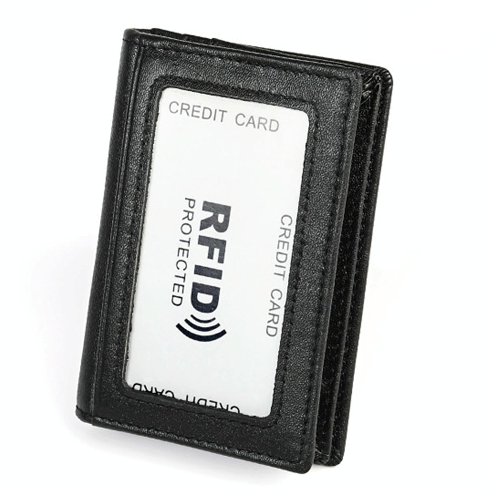 Leather Rfid Card Holder Wallet with 5 Slots and Pocket - Black