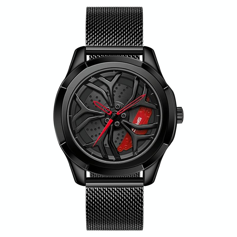 Men Mesh Belt Quartz Watch with 3d Hollow out Wheel - Black Green 9