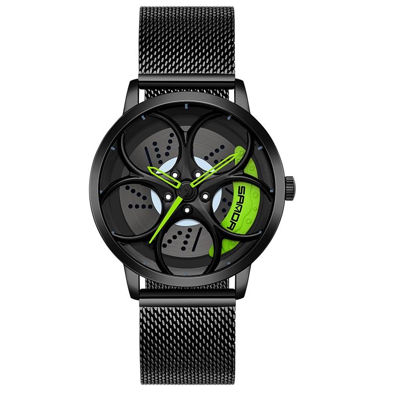 Men Mesh Belt Quartz Watch with 3d Oval Hollow out Wheel - Black Green