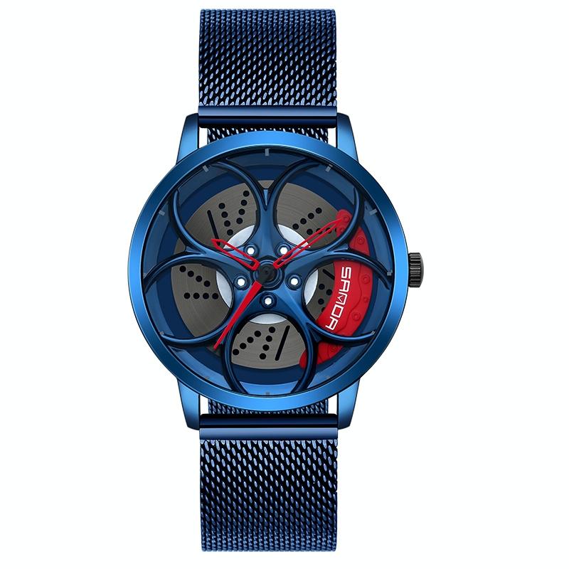 Men Mesh Belt Quartz Watch with 3d Oval Hollow out Wheel - Black Green