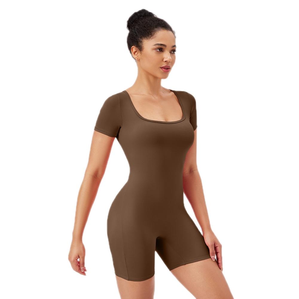 Quick Drying Women Square Neck Yoga Jumpsuit - Dark Brown - L