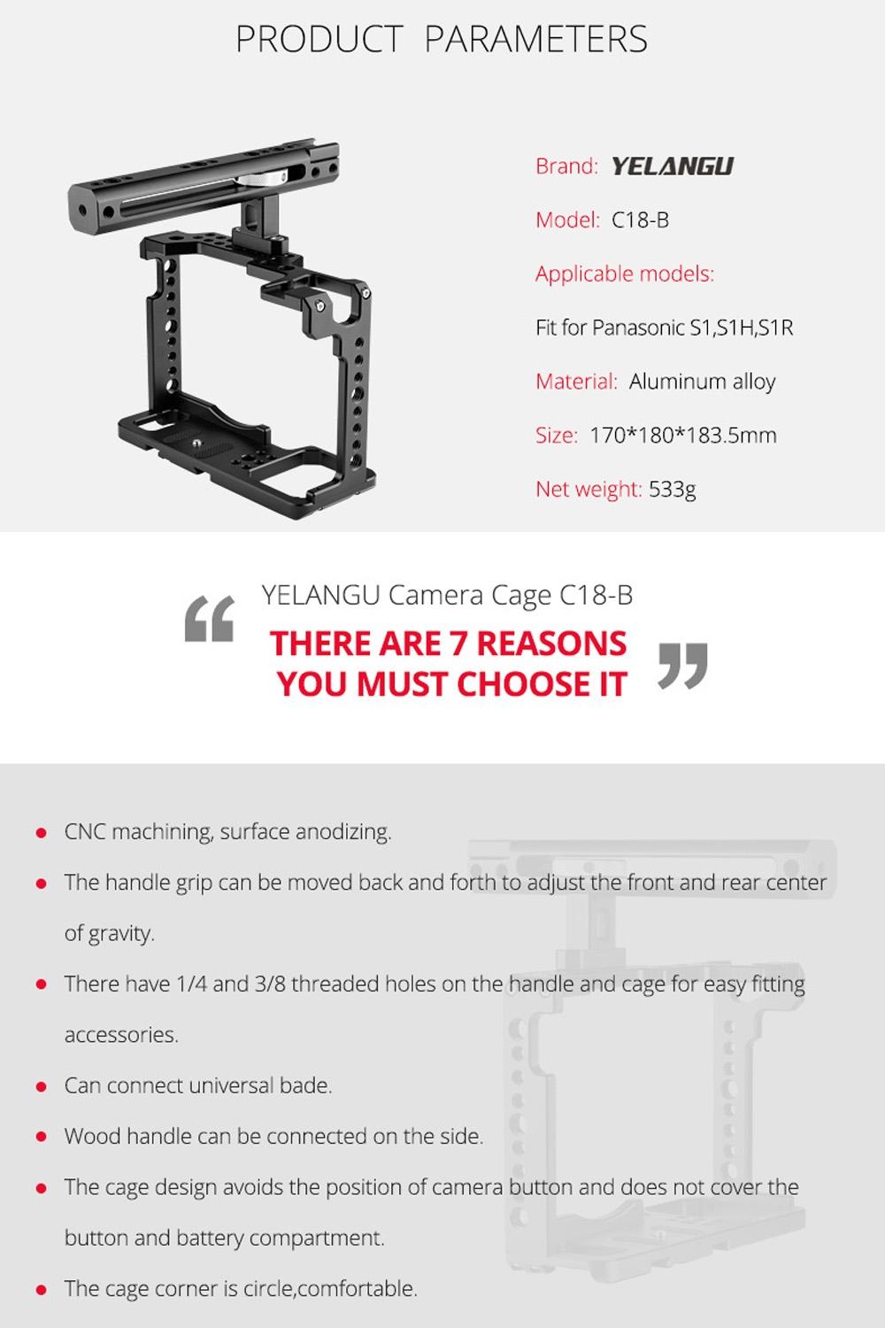 Camera Cage Stabilizer With Handle - Black for Panasonic Lumix Dc-S1H / Dc-S1 / Dc-S1R 14