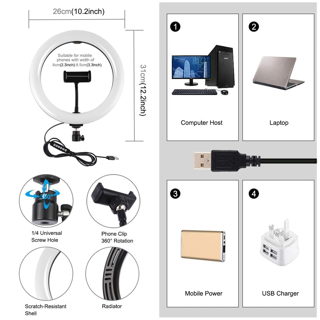 10.2 Usb Led Ring Light with 10 Modes Cold Shoe Tripod & Phone Clamp - Black 5