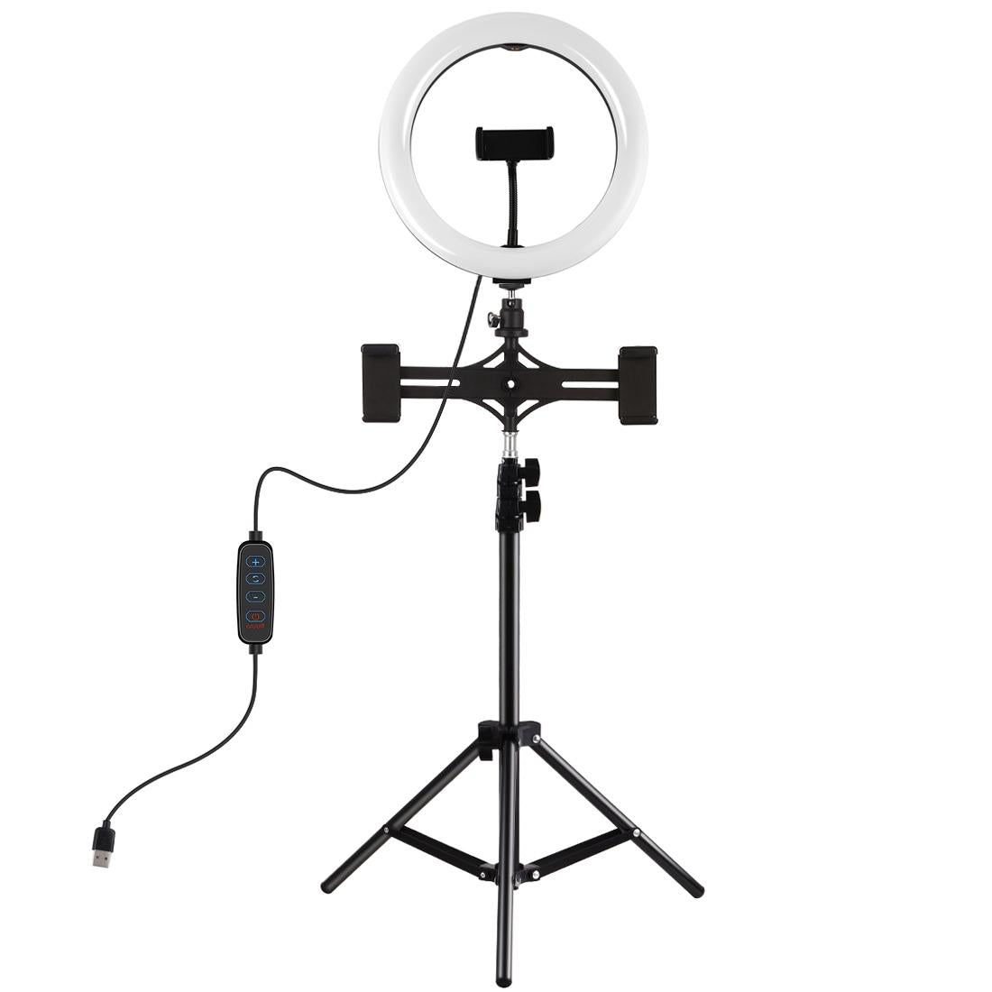 Horizontal Dual Phone Brackets with Tripod Mount & Led Ring Light Kit for Vlogging and Live Broadcasts 3