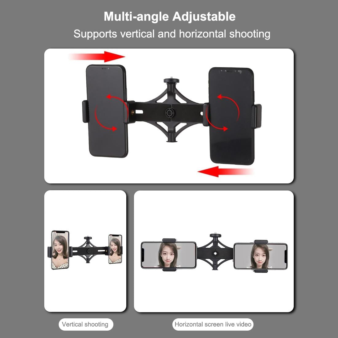 Horizontal Dual Phone Brackets with Tripod Mount & Led Ring Light Kit for Vlogging and Live Broadcasts 12