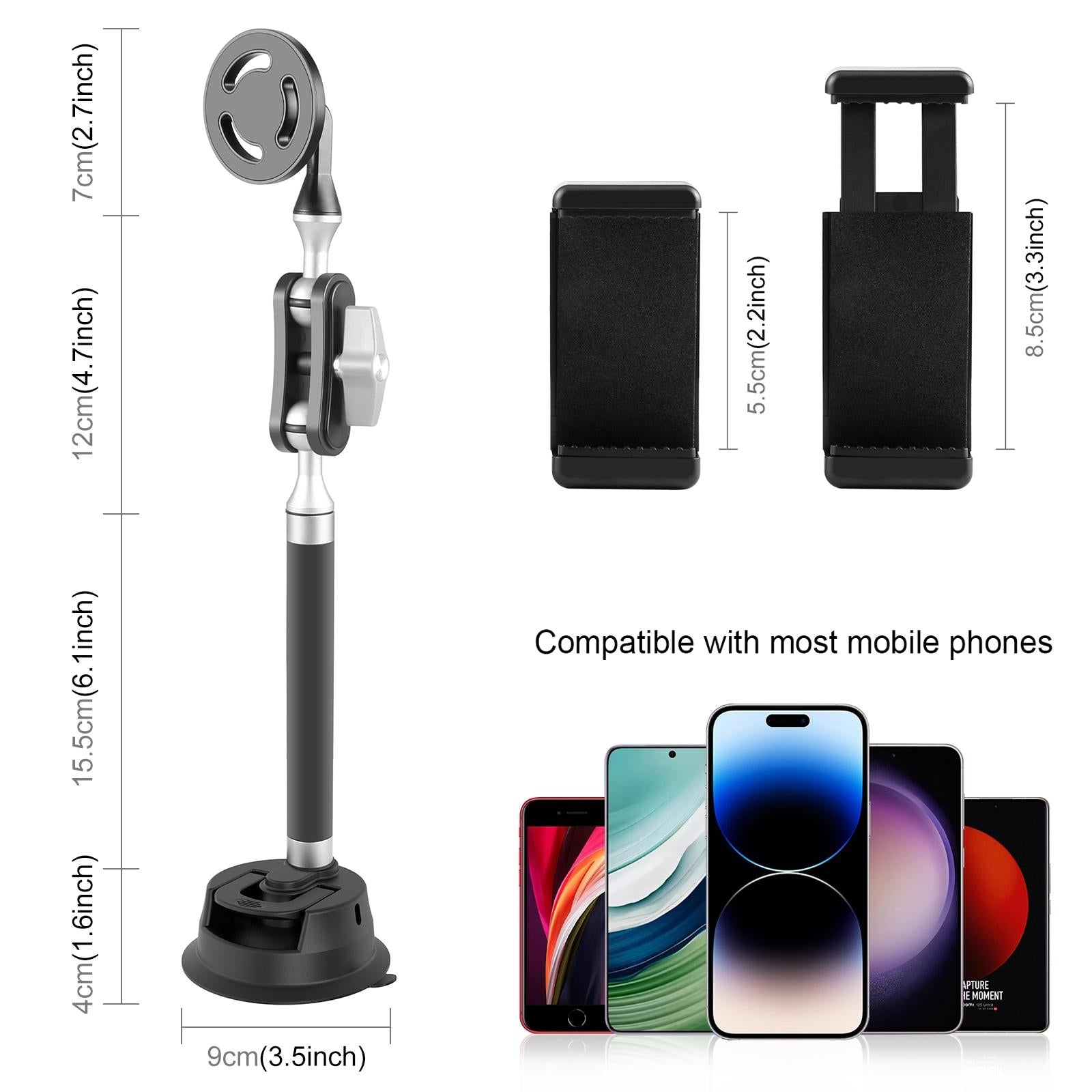 Magnetic Car Mount with Suction Cup Arm and Phone Clamp 4