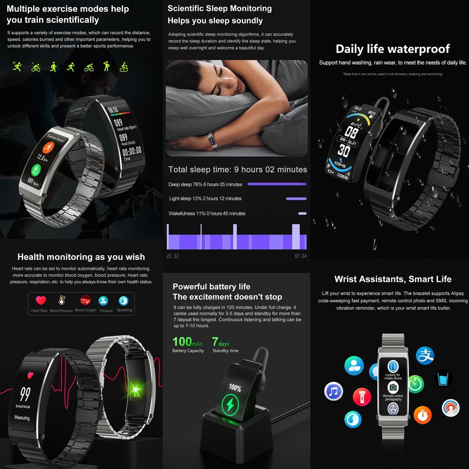 Smart Health Monitoring Bracelet With Bt Call And Leather Strap - Tarnish Leather Strap 10