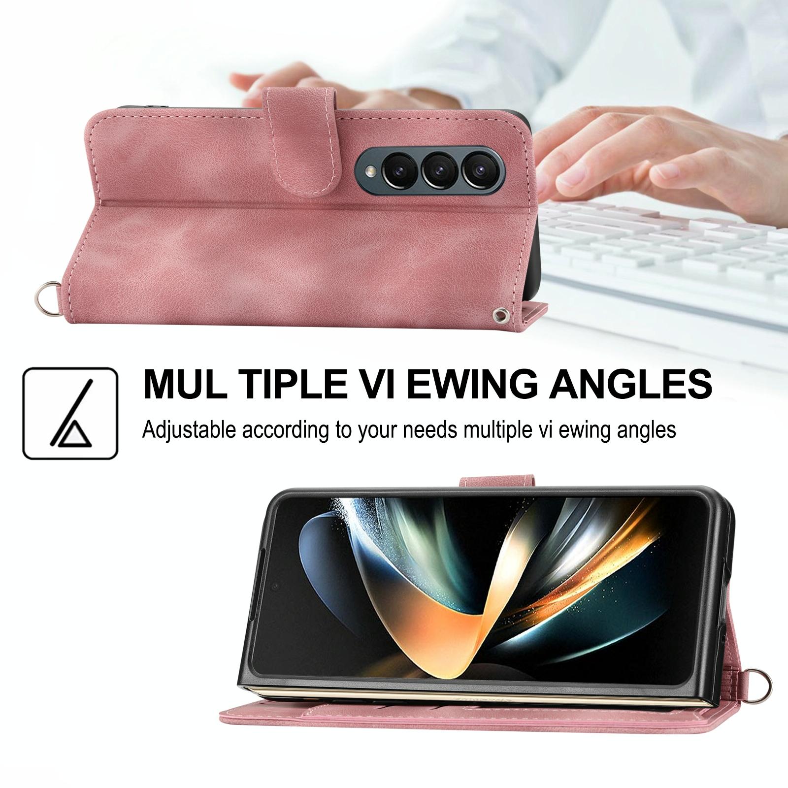 For Samsung Galaxy Z Fold4 5G Floral Leather Phone Wallet - Embossed - Pink 5