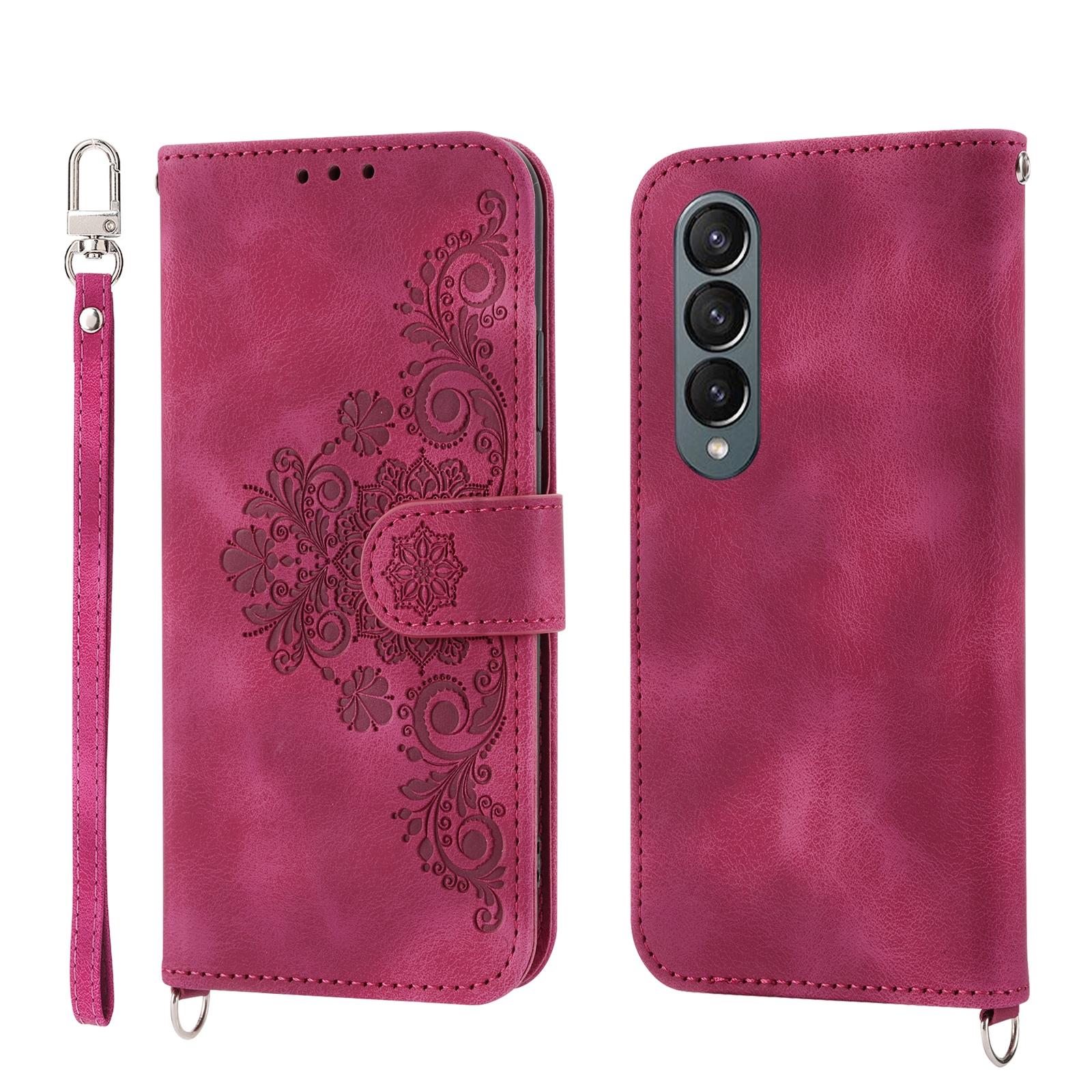 For Samsung Galaxy Z Fold4 5G Floral Leather Phone Wallet - Embossed - Pink 9