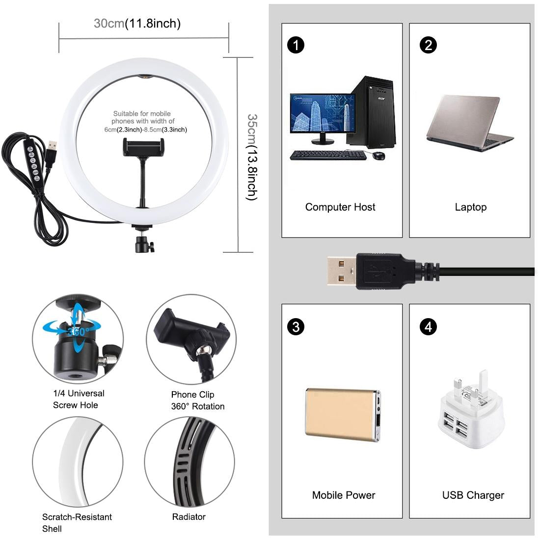 30cm Curved Surface Led Ring Light with Tripod and Phone Clamp - 10 Modes 8 Colours Usb Powered 5