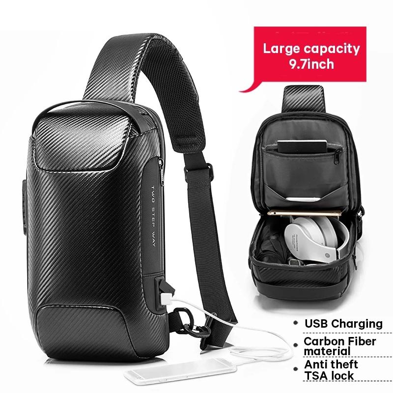 Carbon Fiber Anti Theft Waterproof Crossbody Chest Bag For Men & Women 34 X 18 X 10Cm - Black 5