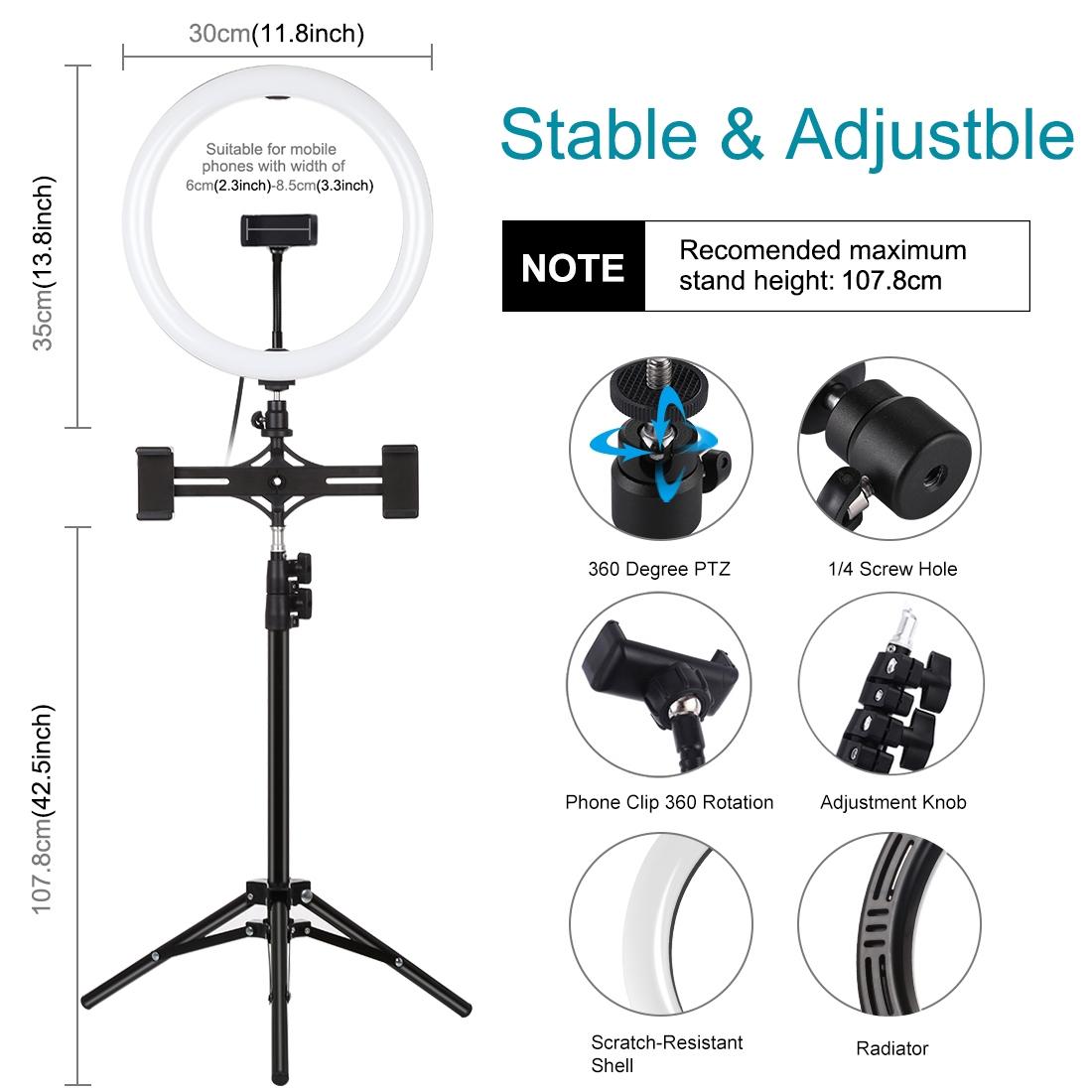 11.8 Led Ring Light with Tripod & Dual Phone Brackets - Usb 3 Modes Dual Colour Temperature - Vlogging & Live Broadcast Kit 6