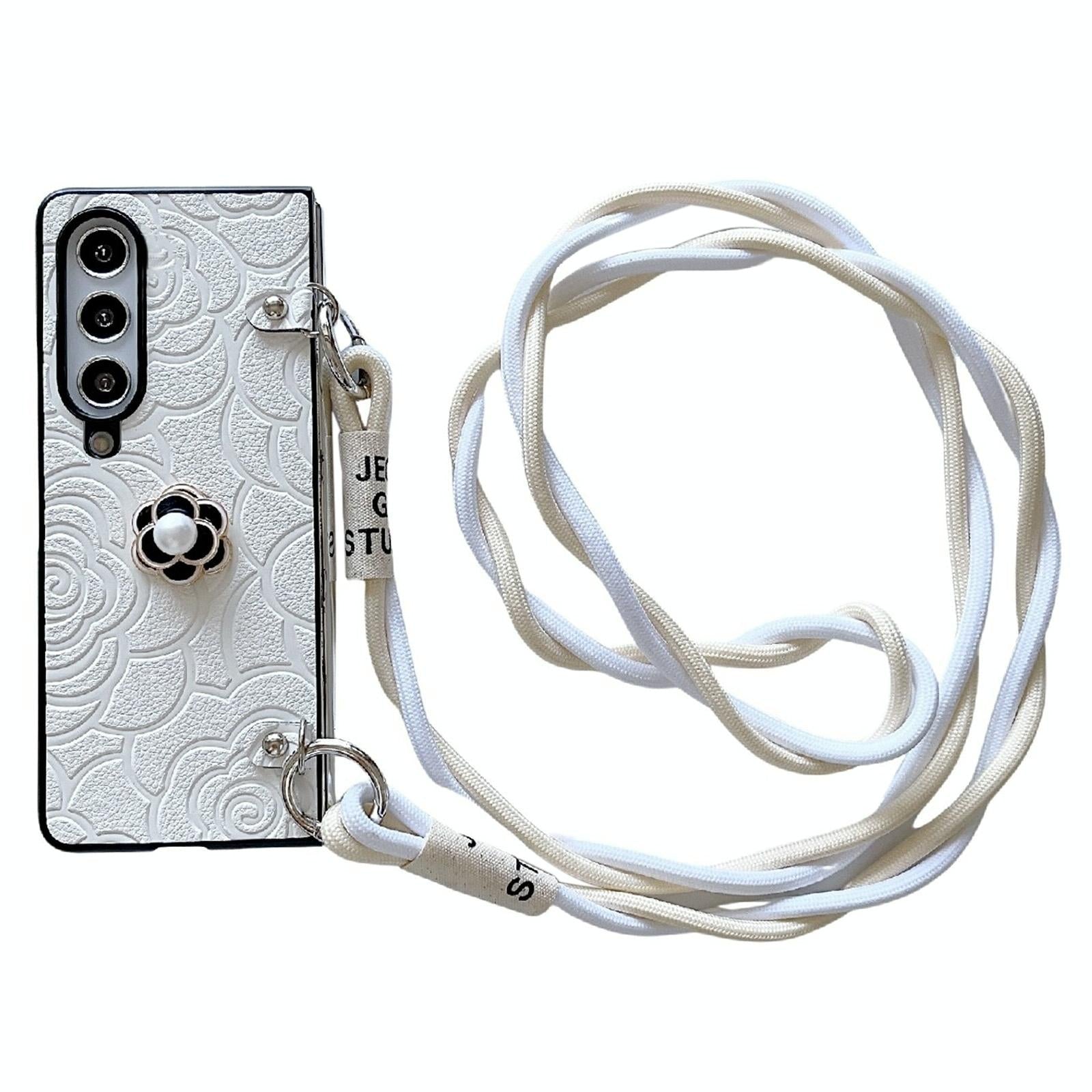 For Samsung Galaxy Z Fold4 5G Camellia Pattern Phone Case With Lanyard - Brown 8