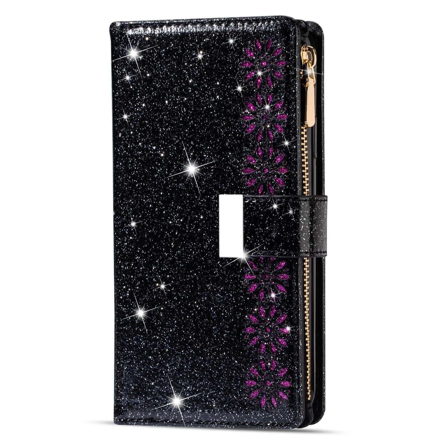 For Samsung Galaxy Z Fold4 5G Sparkling Leather Zip Case - Zipper Closure - Rose Red 3