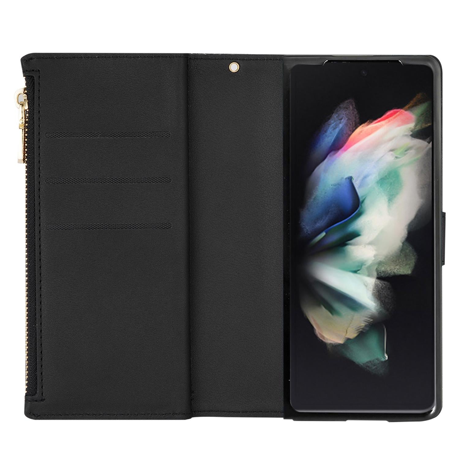 For Samsung Galaxy Z Fold4 5G Sparkling Leather Zip Case - Zipper Closure - Rose Red 6