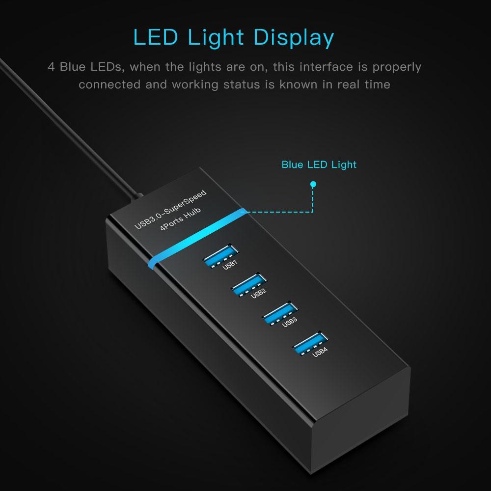 4-Port Usb 3.0 Hub With Led Super Speed 5Gbps - Black 5