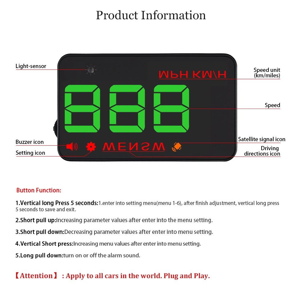 3.5 Inch Car Hud With Gps 2 Display Modes Light Sensors Speed & Compass Speed Alarm - Black 3
