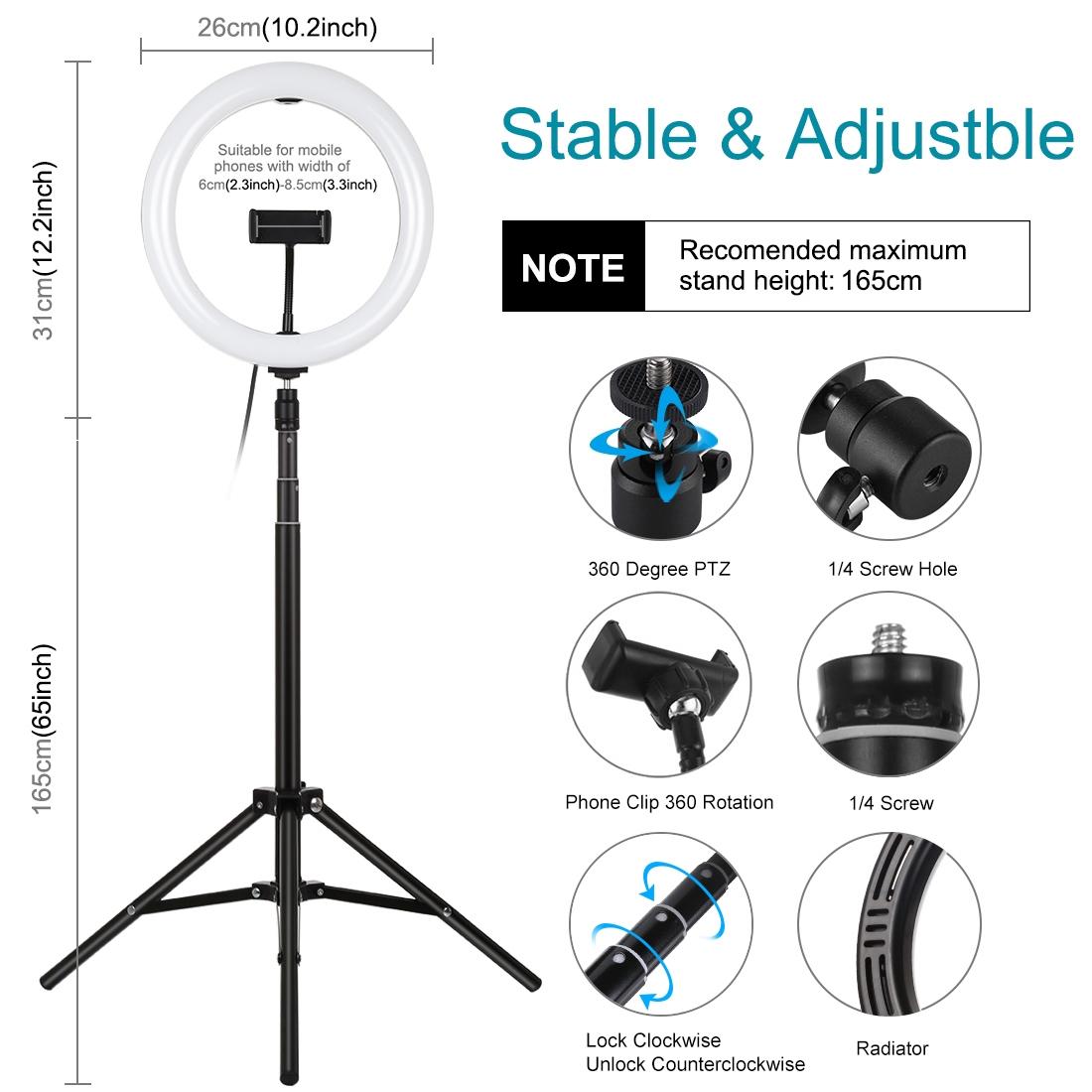 10.2 26cm Ring Light Kit with Tripod Usb 3 Modes Dual Colour Phone Clamp Remote - Black 4
