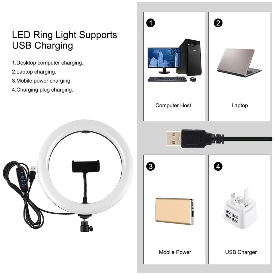 10.2 26cm Ring Light Kit with Tripod Usb 3 Modes Dual Colour Phone Clamp Remote - Black 5
