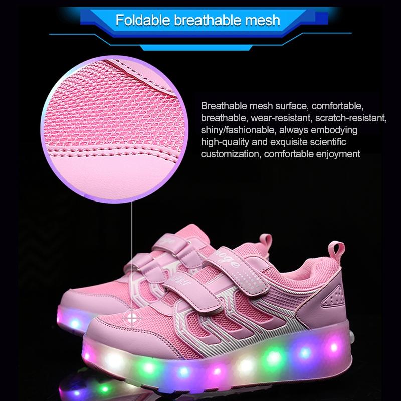 Rechargeable Double Wheel Roller Skating Shoes - Ultra Light Mesh - Size 33 - Black 14