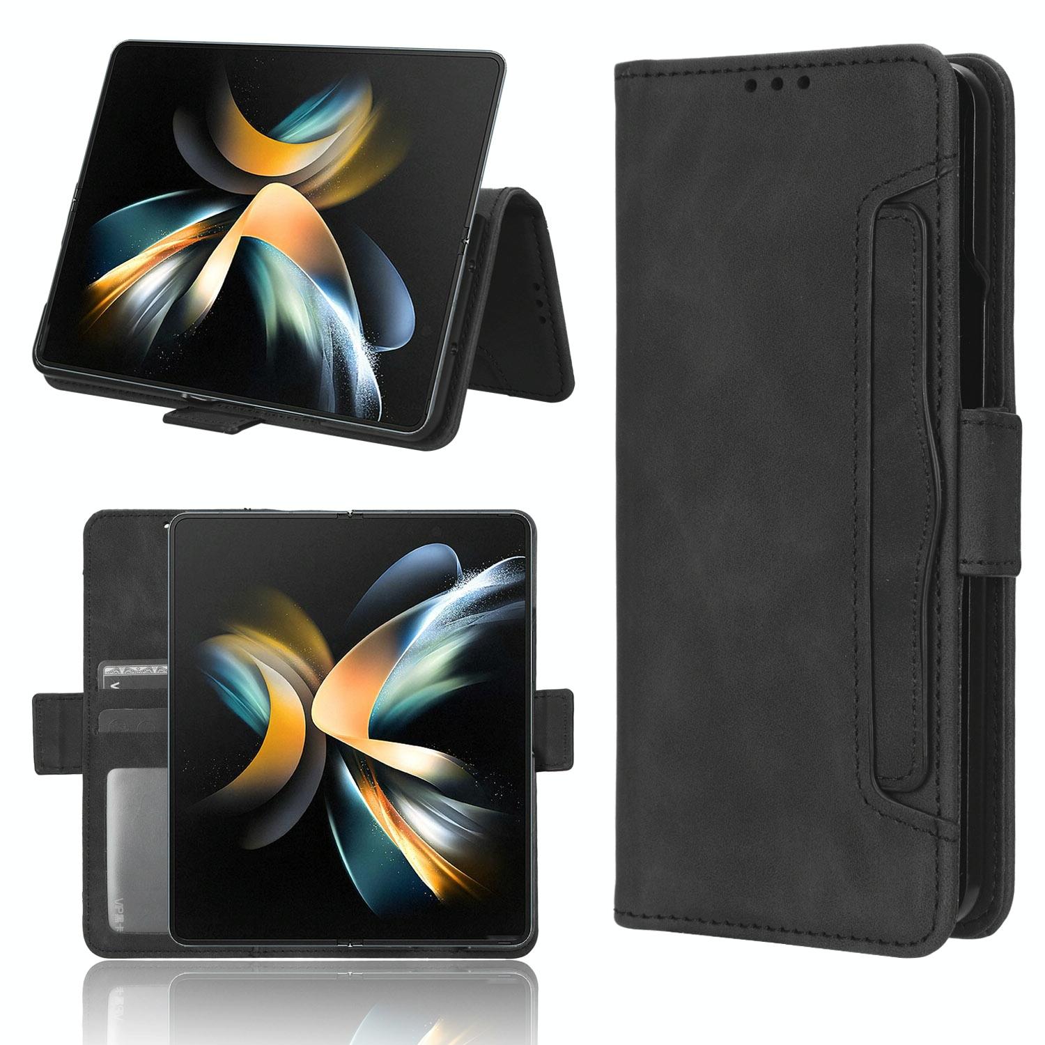 For Samsung Galaxy Z Fold4 5G Leather Phone Case With Card Slots And Calf Texture - Black