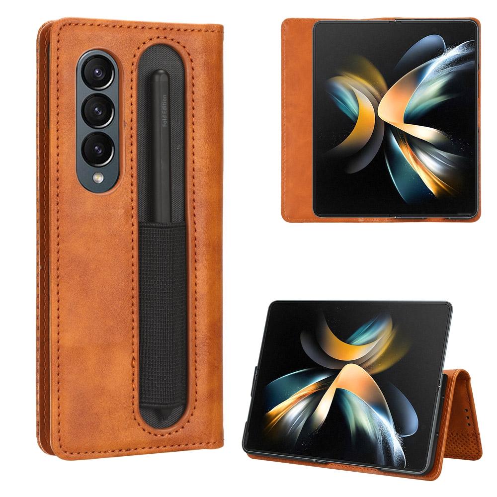For Samsung Galaxy Z Fold4 5G Vintage Leather Phone Case With Magnetic Buckle - Red 10