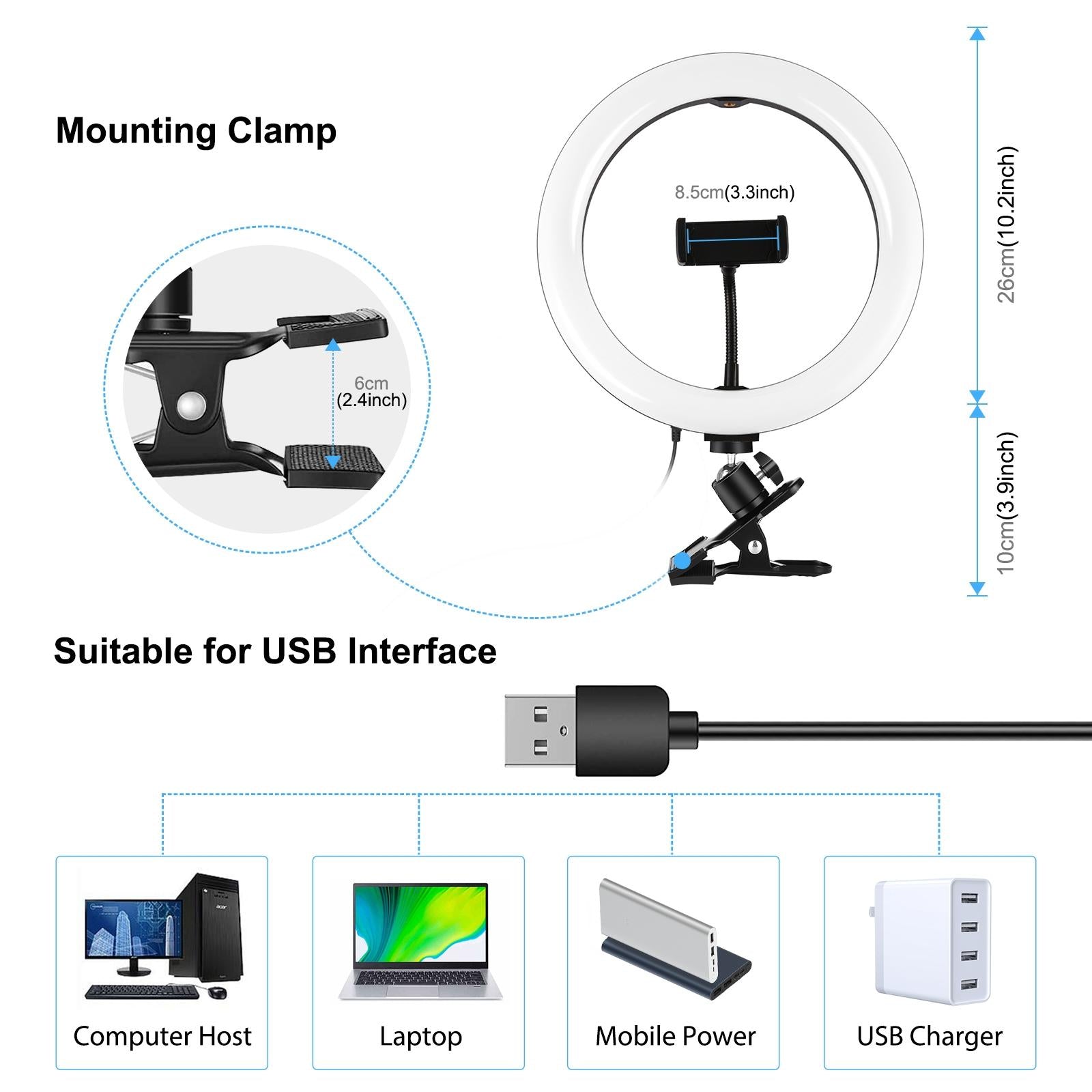 10.2 Ring Light with Monitor Clip & Usb 3 Modes Dual Colour Temperature Dimmable Curved Diffuse Vlogging Selfie Beauty Photography Video Lights Phone Clamp - Black 4