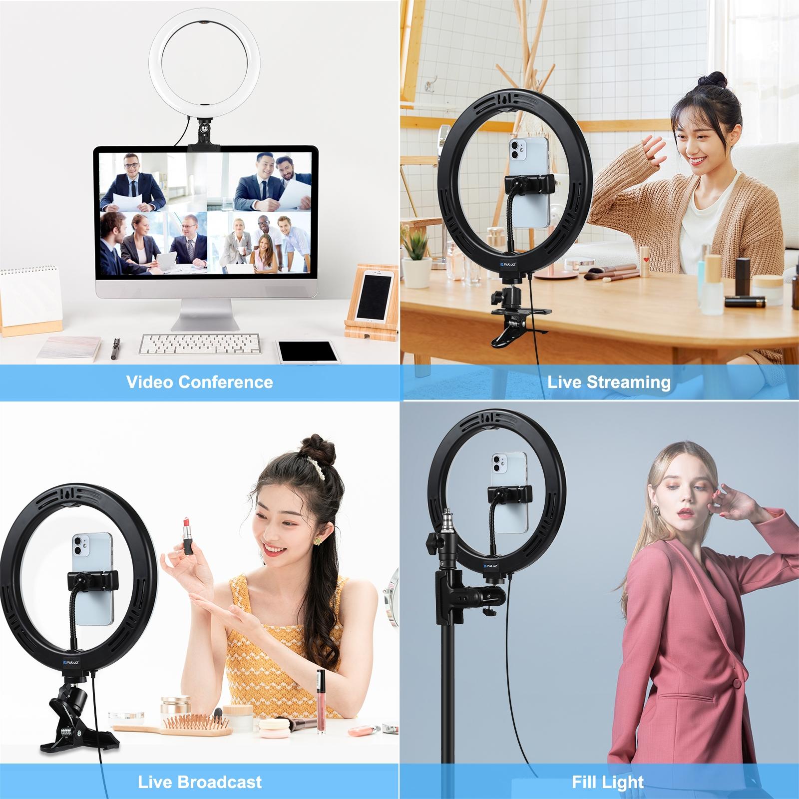 10.2 Ring Light with Monitor Clip & Usb 3 Modes Dual Colour Temperature Dimmable Curved Diffuse Vlogging Selfie Beauty Photography Video Lights Phone Clamp - Black 10