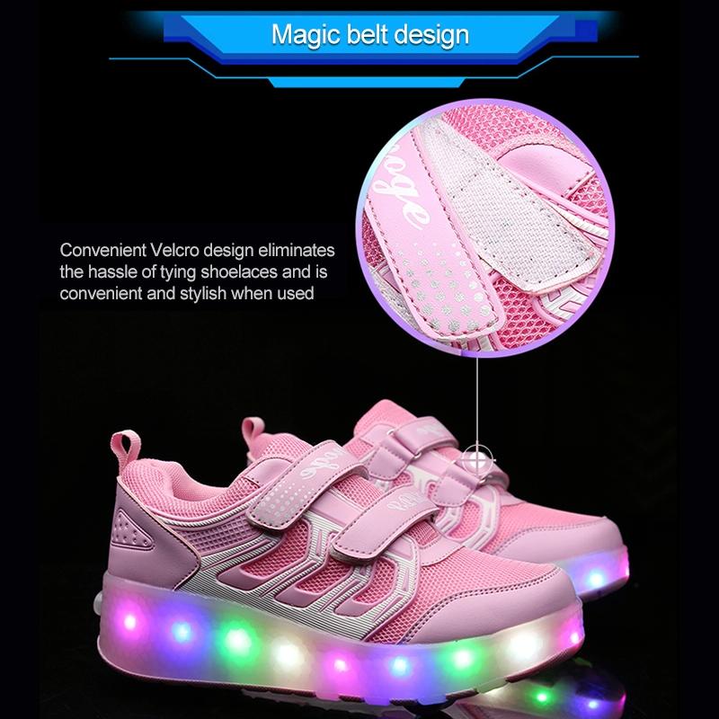 Rechargeable Double Wheel Roller Skating Shoes - Ultra Light Mesh Surface - Size 34 - Black 7