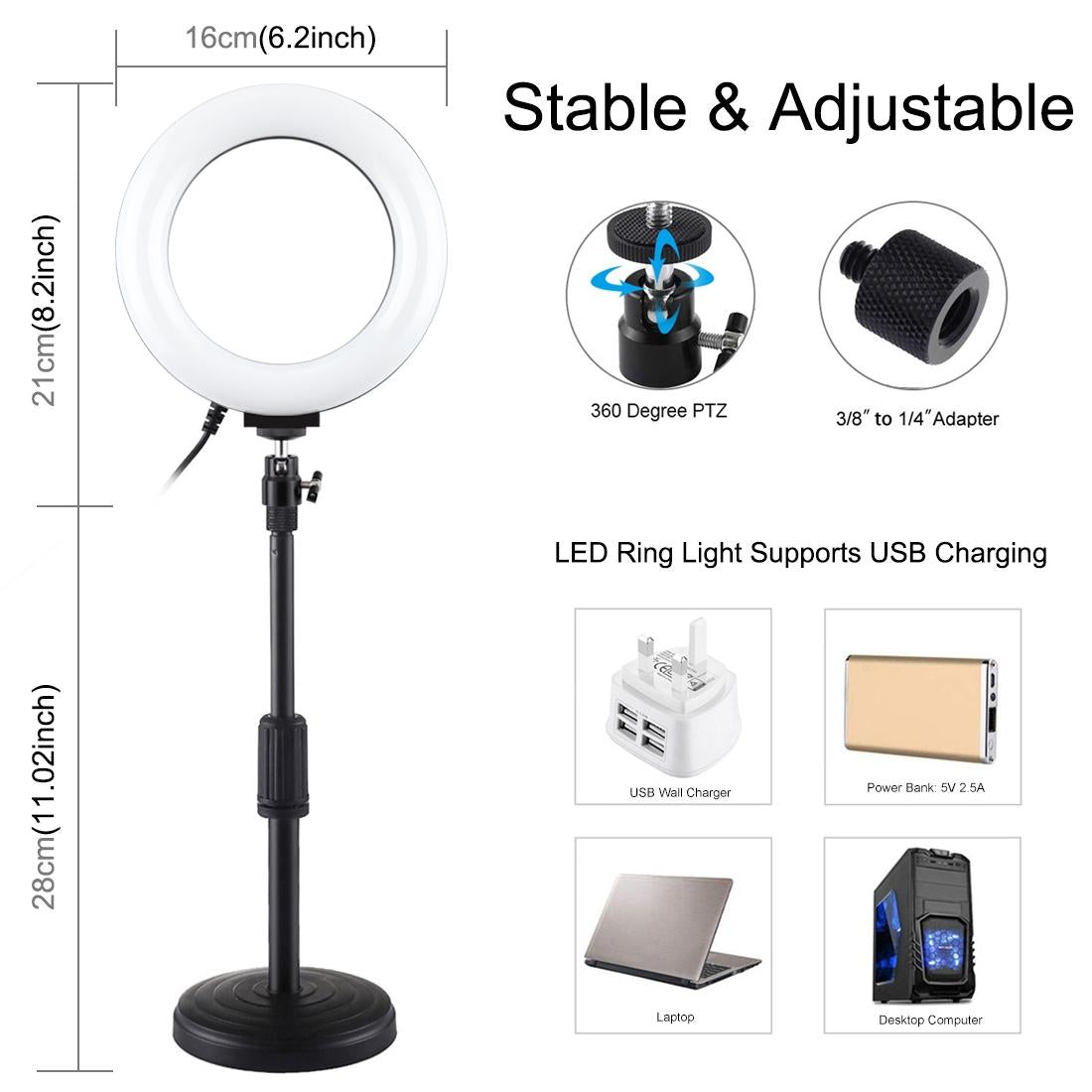 Usb 10 Modes 8 Colour Led Ring Light with Tripod Mount - 6.2 Inch Diameter 5