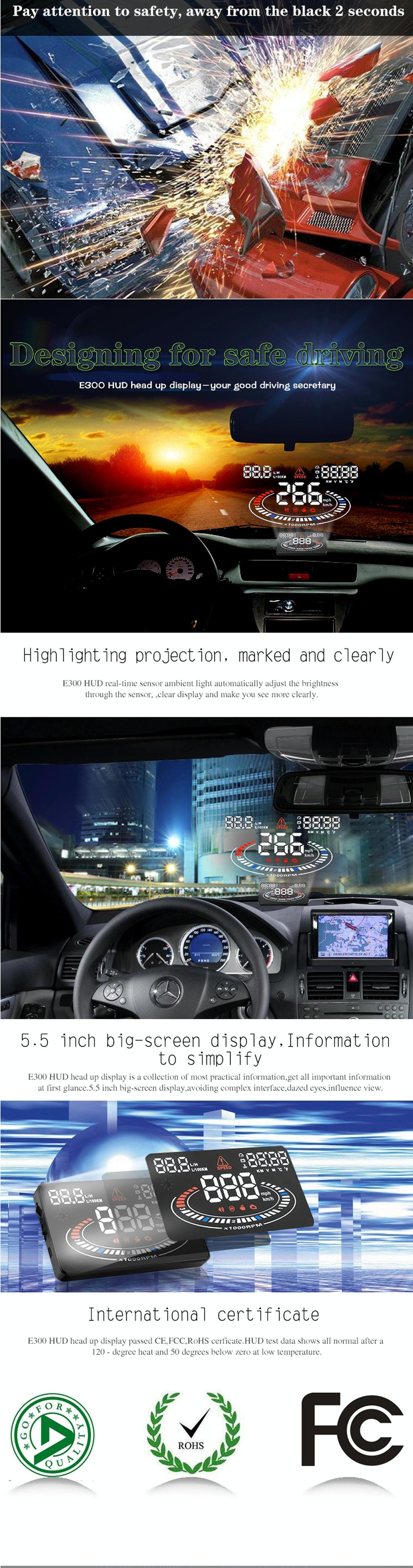 5.5 Inch Car Obdii / Euobd Hud Display Speed Fuel Alarm Black 6