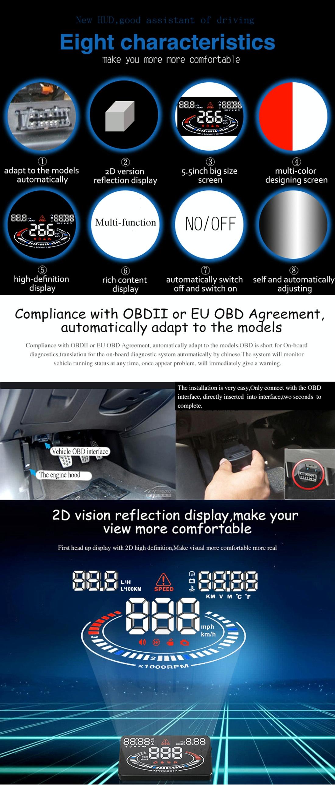 5.5 Inch Car Obdii / Euobd Hud Display Speed Fuel Alarm Black 13