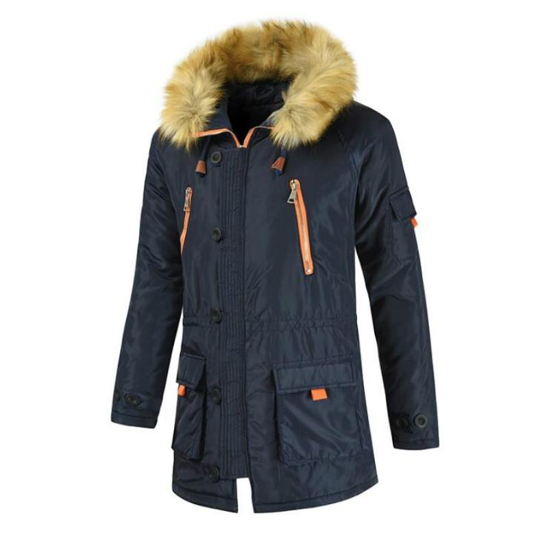 Long Section Cotton Suit Men Plus Velvet Thick Warm Jacket Large Fur Collar Coat Lovers Jacket - Size Xxxxxl - Navy 6