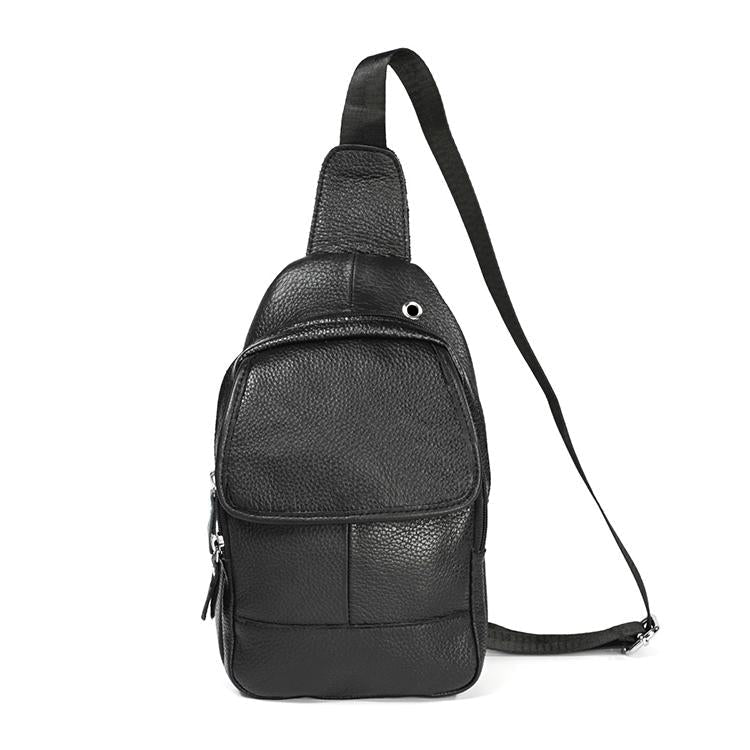 Men Litchi Texture Full Grain Cowhide Crossbody Bag - Black
