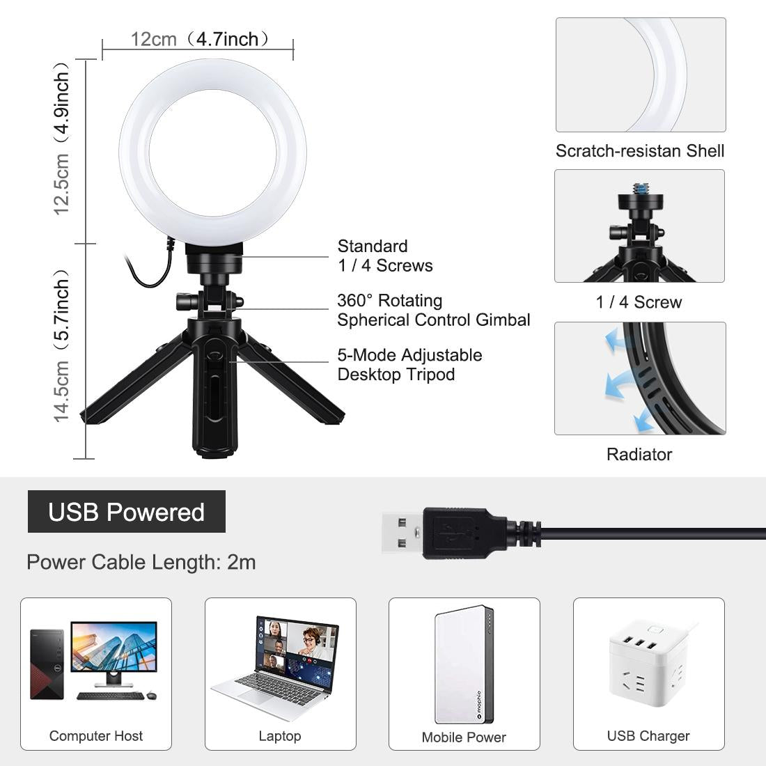 Usb 3 Modes Dimmable Led Ring Light & Pocket Tripod Kit with Cold Shoe Ball Head - 4.7 Inch Diameter 3