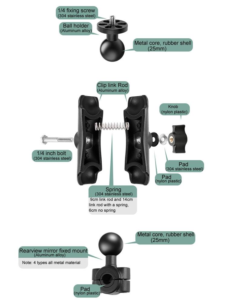 25mm Ball Head Motorcycle Mount for Gopro with Tripod Adapter 3