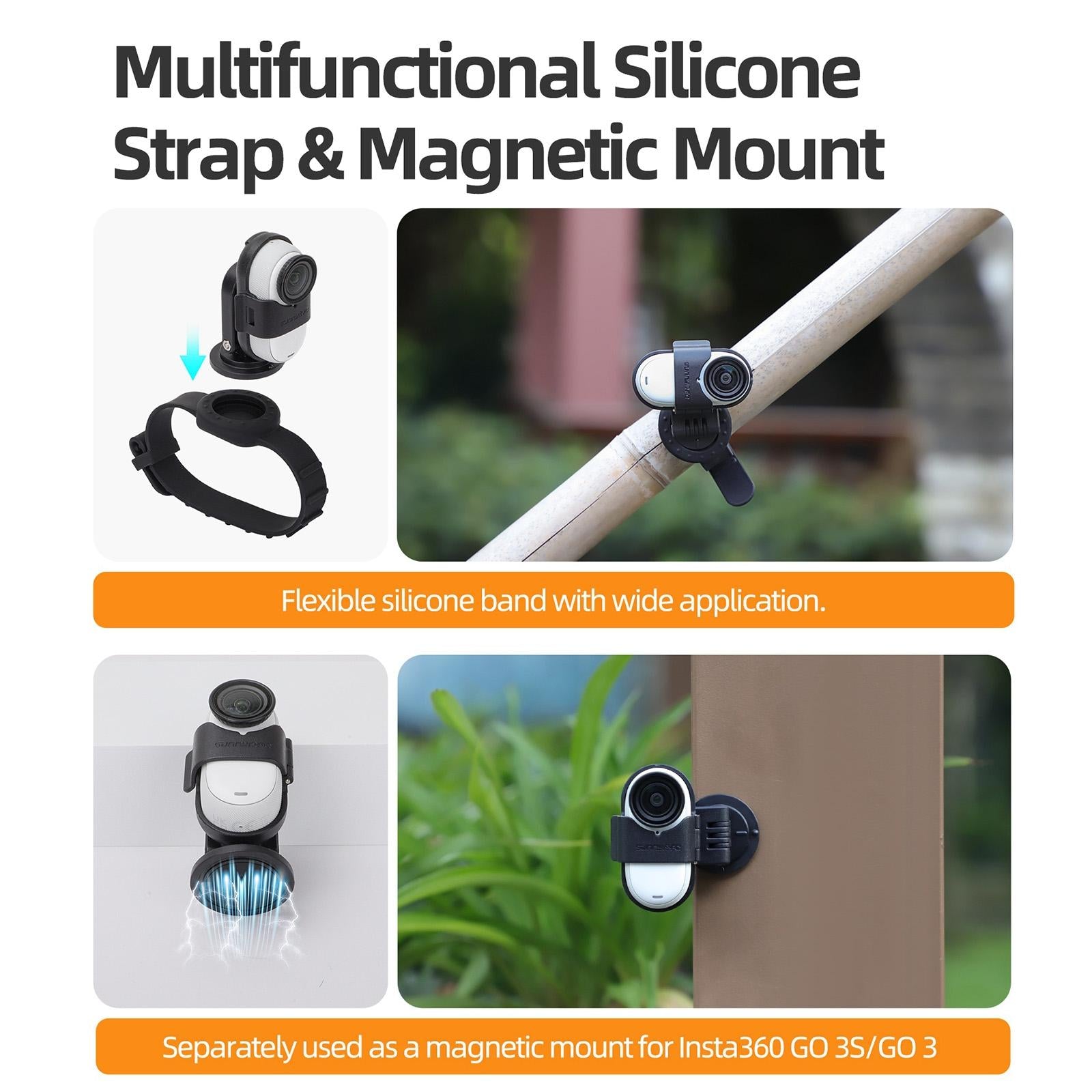 Insta360 Go 3s / Go 3 Sunnylife Camera Strap with Magnetic Mount and Silicone Wristband for Drone and Backpack - Black Stripe 7