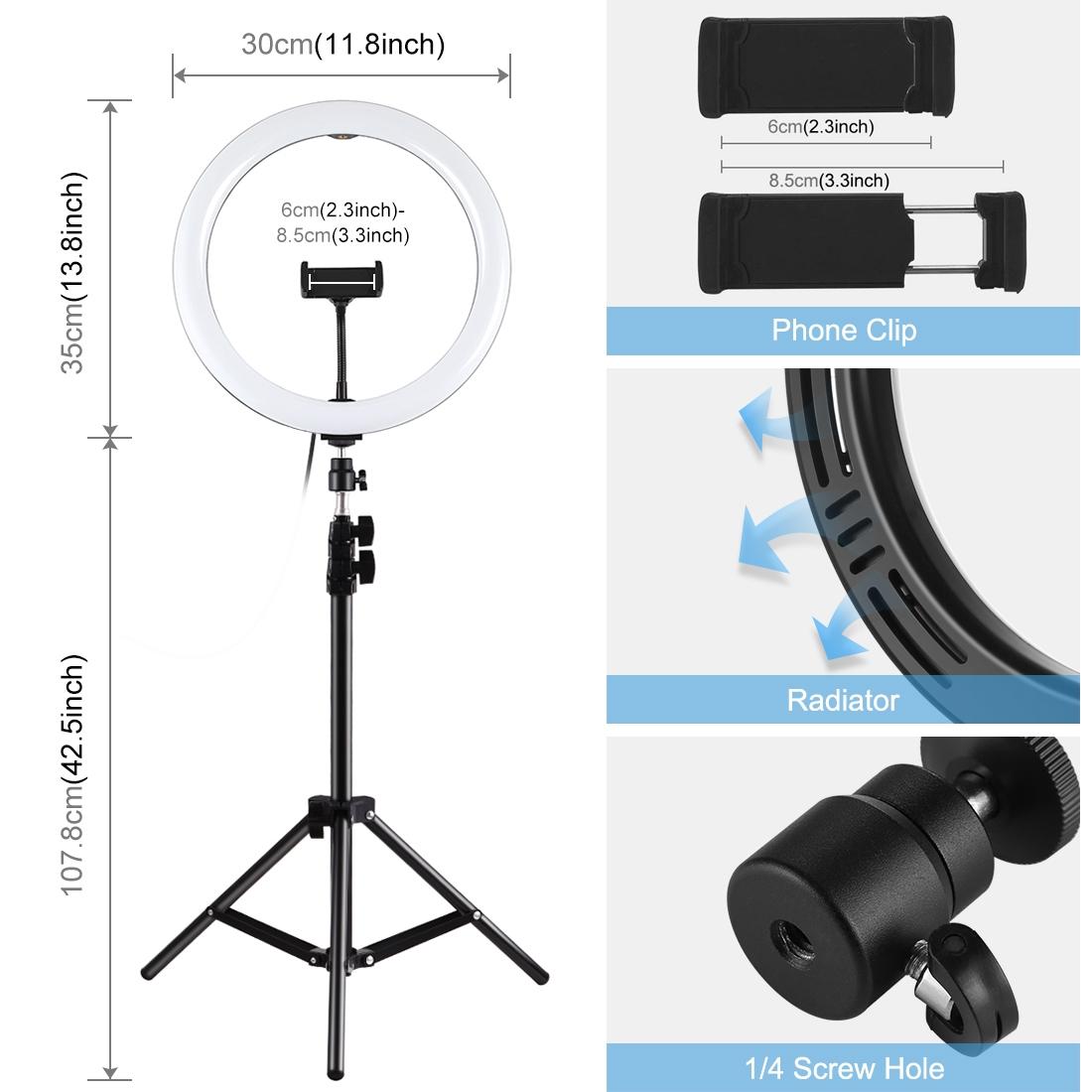 11.8 Led Ring Light with Tripod and Phone Clamp - 3 Modes Dual Colour Temperature Curved Surface - Black 5